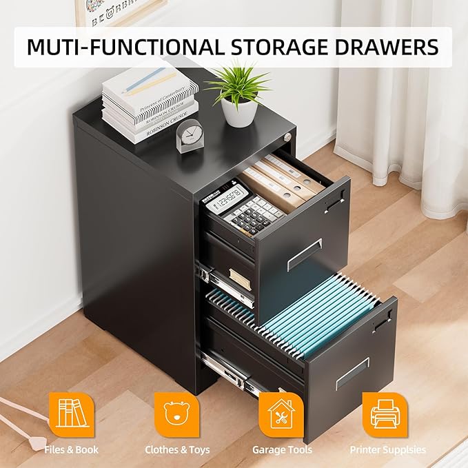INTERGREAT 2 Drawer File Cabinet, Black Metal Filing Cabinet with Lock, Lockable Vertical File Office Cabinet for Hanging Letters/Legal/A4, Assembly Required