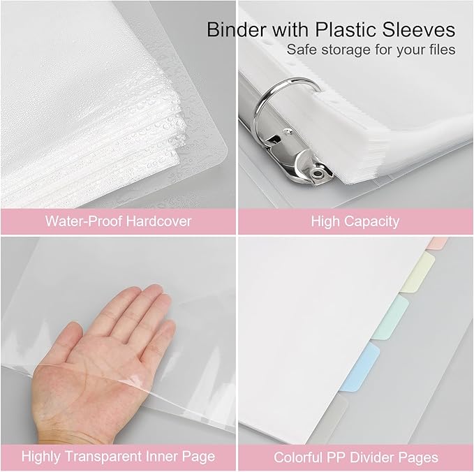 Uquelic 50-Pocket Clear Binder with Plastic Sleeves for Letter/A4 Size(11" x 8.5"), Document Binder Organizer for Papers, Certificates and Artwork, Macaron PP Divider Pages for Presentation