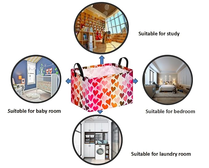 FUULOXE Rectangular Valentines Basket Storage Bin for Shelves Girls Gifts Baskets Foldable Box with Handles for Home Office Car Dormroom Valentine's Day Party Supplies