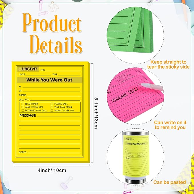 Eaasty 9 Pieces While You were Out Pads 4 x 5 Inches Assorted Colors Sticky Notes Adhesive Message Pads Urgent Notes for Work Call, Office Supplies, 40 Sheets/Pad (Fluorescent Colors)