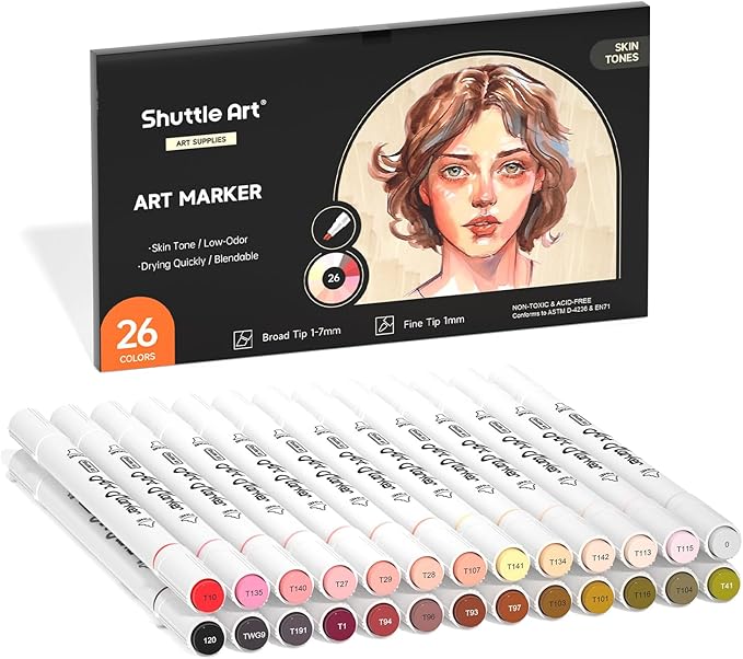 Shuttle Art 26 Colors Skin Tone&Hair Art Markers, Dual Tip Alcohol Based Flesh-Color Marker Pen Set Contains 1 Blender Perfect for Kids & Adults Portrait,Comic, Anime, Manga, Illustration