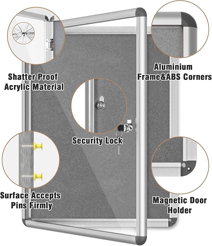 Mifuro 26"x20" Enclosed Bulletin Board, Lockable Weather-Resistant Aluminum Cork Noticeboard for School & Office, Silver Frame w/Grey Flet