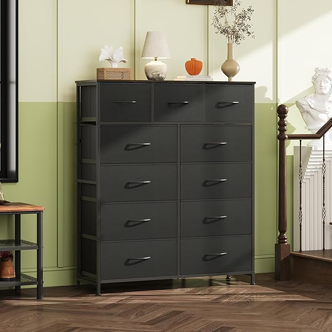 WLIVE Tall Dresser for Bedroom, Fabric Dressers Storage Tower, Dresser & Chest of Drawers Organizer Unit with 11 Drawers, Storage Cabinet, Hallway, Closets, Steel Frame, Wood Top, Charcoal Black
