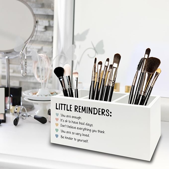 XPH Little Reminders Inspirational Pen Pencil Holder Organizer for Desk, Positive Gifts, Mental Health Motivational Wooden Box Sign for Therapy Counselor Office Classroom Desk Tabletop Decorations