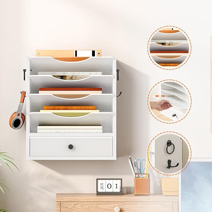 HOOBRO Wall File Organizer, Mail Organizer Wall Mounted, Wooden Literature Organizer, Construction Paper Organizer with Drawer Storage and 2 Hooks, for Office, Classroom, Home, White WT14WF01