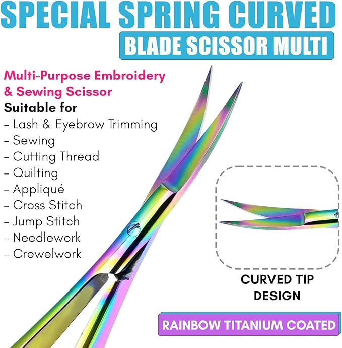 Cross Edge Curved Spring Scissors 5 Inch Stainless Steel Precision Eyebrow & Eyelash Shaping & Trimming Scissor, Snips Squeeze, Embroidery, Knitting Micro Tip Craft Scissors (Rainbow)