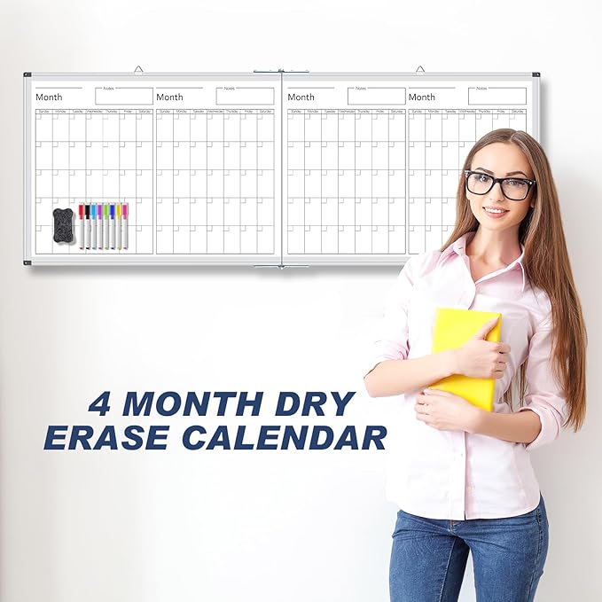 Lincia 48" x 18" Magnetic Horizontal 4 Month Dry Erase Calendar for Wall Undated Dry Erase Planner Aluminum Frame Whiteboard Calendar for Home School Office Projects Wall Fridge