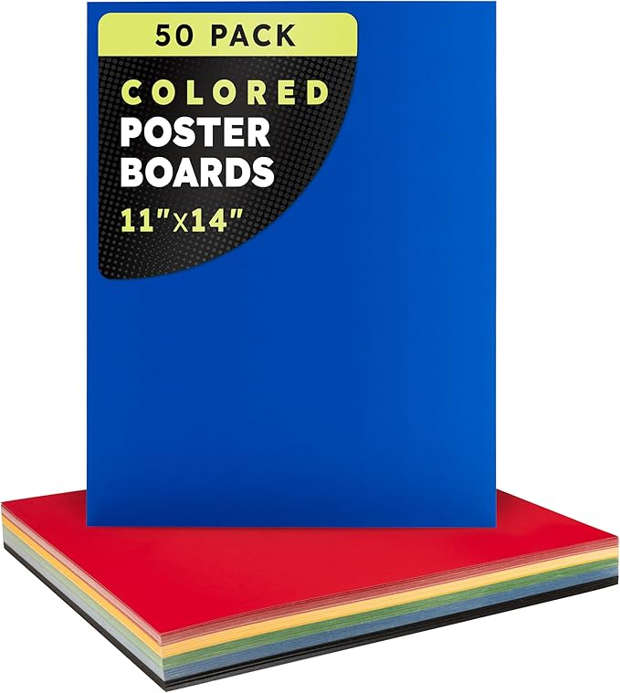 Hygloss Medium Colored Poster Board 11x14 - 50 Assorted Standard Color Poster Boards Bulk Pack - Red, Yellow, Green, Blue, Black - 10 Pt. Thickness Poster Board Paper, Posterboard Multipack 11" x 14"