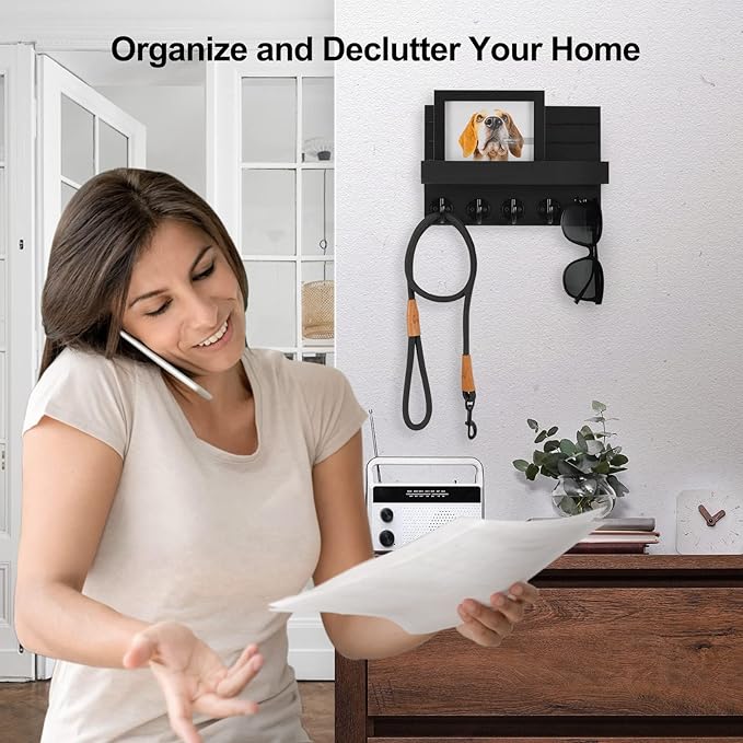 Lwenki Key Holder for Wall, Decorative Key and Mail Holder with Shelf Has Large Hooks for Bags, Coats, Umbrella – Paulownia Wood Key Hanger with Mounting Hardware (9.8”W x 6.7”H x 4.2”D)