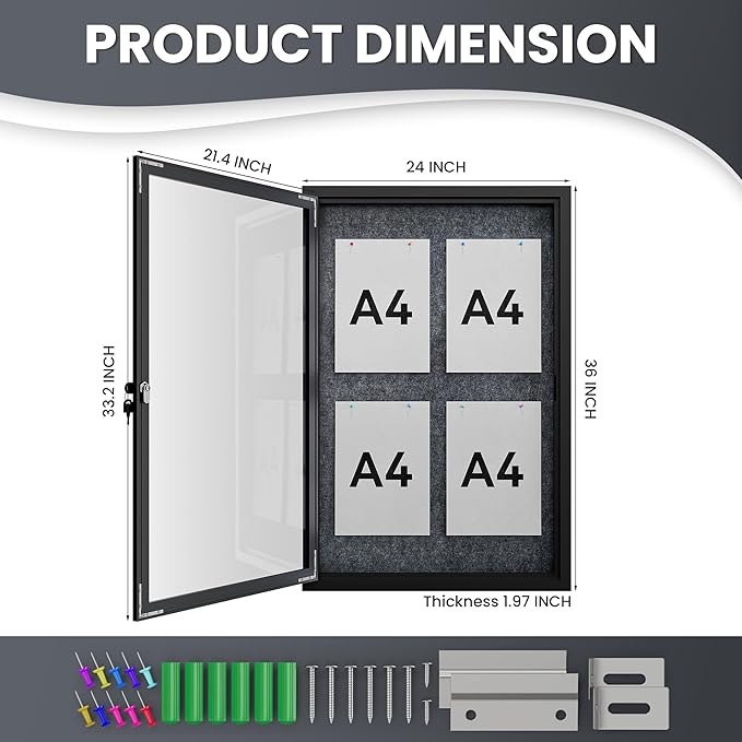 36"x24" Lockable Enclosed Bulletin Board, Outdoor Flet Weather-Resistant Aluminum Frame Notice Board, Wall Mounted Display Case Acrylic Doors for School,Office,Black Frame w/Grey Flet