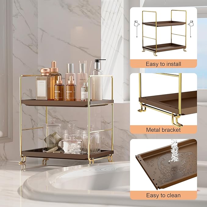 FSyueyun 2-Tier Bathroom Countertop Organizer,Bathroom Organizers and Storage with Tool-Less Installation, Premium Plastics for Makeup, Perfume, Skincare on Dresser Vanity Tray (Gold & Brown)