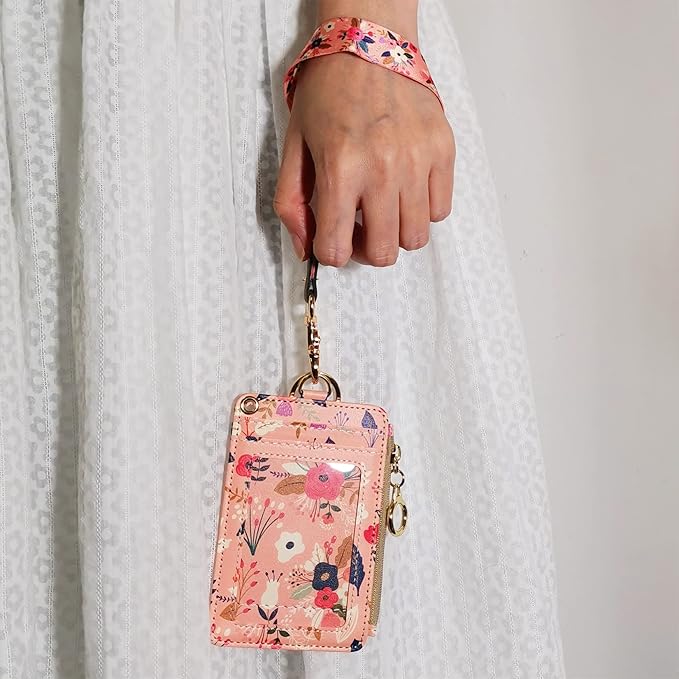Blooming Flower Badge Holder with Lanyard, Women's Lanyard Wallet, Id Badges Holder for Nurse, Teacher, Student, Office (Pink Floral)
