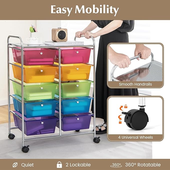 LDAILY 10 Drawer Rolling Cart, Storage Cart Organizer on Wheels, Drawer Cart with Metal Frame & Large Storage Capacity, Rolling Cart with Drawers for Living Room Classroom, Office