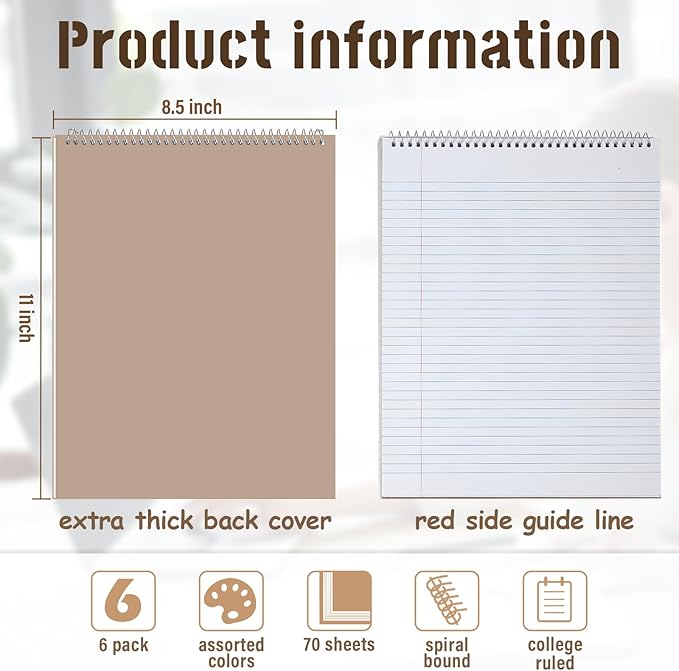 Maitys 6 Pcs Legal Pad Steno Spiral Notebook 8.5 x 11 Inches Top Bound Spiral Pads Hard Cover College Ruled Notepad 70 Sheet Pad Colorful Covers for School Office University Home (Delicate Color)