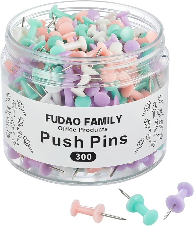 FUDAO FAMILY 300pcs Push Pins for Bulletin Board, Thumb Tacks for Wall Corkboard, Map Pins - Home Office School Craft Projects Plastic Head Steel Push Pin (Multi Color)