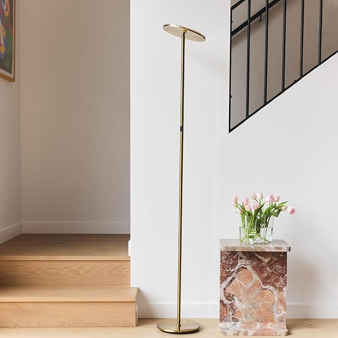 Brightech Sky LED Floor lamp, Torchiere Super Bright Floor Lamp for Living Room Decor & Office - Dimmable, Tall Standing Torch Lamp with Warm Light for Bedroom & Reading - Gold Brass