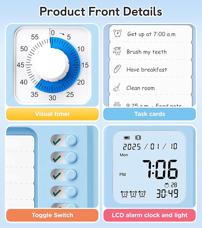 3-in-1 Visual Timer & ADHD Tool for Kids|Adults, Task Timer with Chore Chart Board, Visual Schedule for Kids with Autism, Daily Checklist for Home, School, Classroom, Desk (Blue)