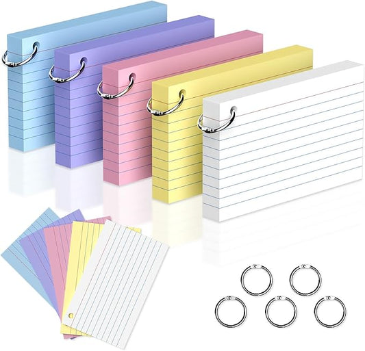 250 Count Colored 3 x 5 Inch Index Cards with Ring, Ruled Flash Cards for Office Use, Portable Note Cards for Study, Heavy Weight Flashcards for Home and School
