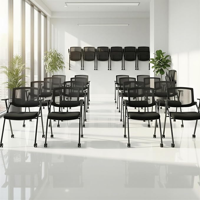 BROBRIYO Folding Chair with Wheels and Paddle, Ergonomic Mesh Back and Arms for Office, Meetings, Conferences, Receptions, Training Rooms & Folding Office Chairs - Black 50 Pack