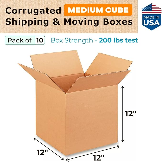 IDL Packaging - B-121212-10 Medium Corrugated Moving Boxes 12"L x 12”W x 12"H (Pack of 10) - Excellent Choice for Packing All Kitchen Staff for Moving or Relocating