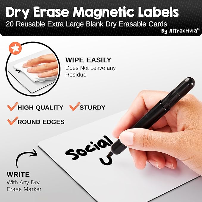 Attractivia Dry Erase Magnetic Labels 7.3 x 5.6 in, Dry Erase Magnets, 20-Pack, White Erasable Write-On All-Purpose Labels, for Office, Education, Home, Whiteboard
