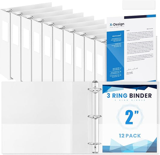Henoyso 12 Pcs 3 Ring 2 Inch Binders Fits 8.5 x 11 Inch Letter Size Paper, Plastic White Flexible Binders with View Cover and 2 Pockets, 375 Sheets Capacity for Office School