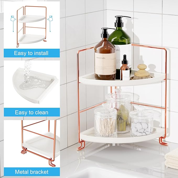 FSyueyun 2-Tier Corner Bathroom Counter Organizer, Tool-Less Installation Vanity Shelf Small Plastics Countertop Makeup Tray Skincare Perfume Organizers (Rose Gold)