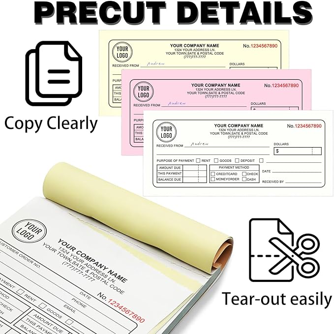 Custom Invoice Book with Logo 50 Set Personalized Receipt Books Customized Invoices for Small Business 3 - Parts Carbonless Duplicate Invoice Forms NCR Books