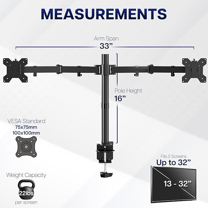 VIVO Dual Monitor Desk Mount, Heavy Duty Fully Adjustable Stand, Fits 2 LCD LED Screens up to 32 inches and 22 lbs Each, Black, STAND-V032