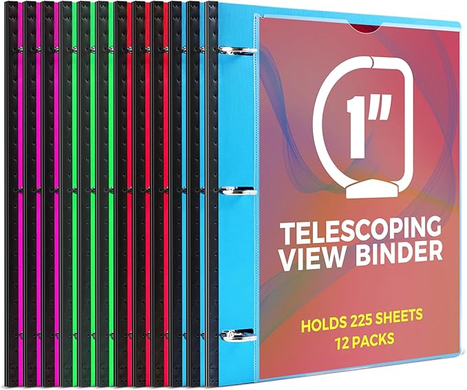 MAKHISTORY 1 Inch Telescoping 3 Ring Binder-12PCS, Flexible Binder with Customized Front Cover, Holds 225 Sheets, School Office Supplies, 4 Colors