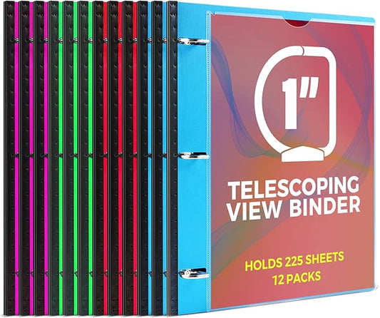 MAKHISTORY 1 Inch Telescoping 3 Ring Binder-12PCS, Flexible Binder with Customized Front Cover, Holds 225 Sheets, School Office Supplies, 4 Colors