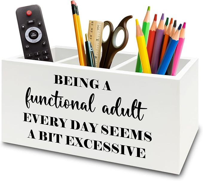 XPH Funny Pen Pencil Holder Organizer for Desk, Sarcastic Gifts for Women Men Coworkers, Adult Humor Gifts, Being a Functional Adult Funny Wooden Box Sign for Home Office Desk Tabletop Decorations