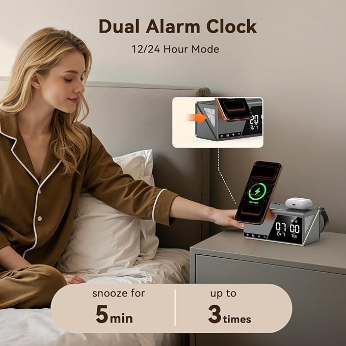 TobenONE 6-in-1 Alarm Clock Wireless Charging Station for Apple Devices, Night Light, Nightstand, MagSafe Magnetic Phone Charger, Fast Charging for iPhone 17 16 15 14 13 Pro Max, Apple Watch, AirPods