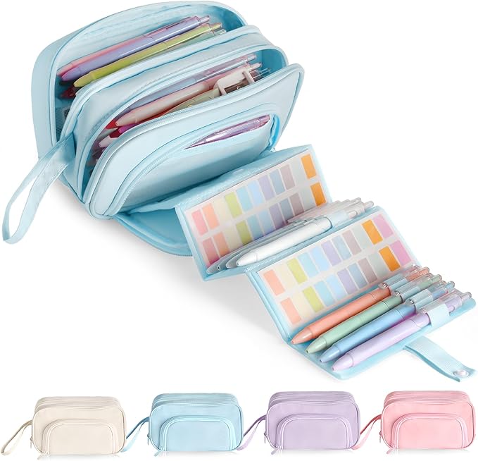 SANANT Large Capacity Pencil Case with Pull-out Structure - Multifunctional Extra Big Pencil Pouch Pen bag, Portable Stationery Organizer with Zipper, Office School Supplies for Teen Boys Girls, Blue