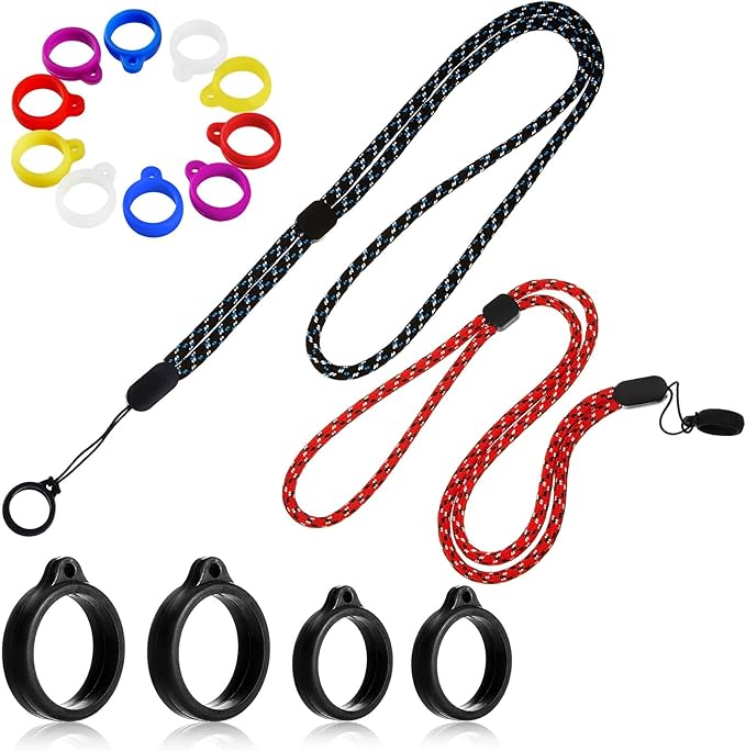 Chinco 16 Pcs Anti Lost Lanyard Set Include 2 Necklace Lanyards Safety Neck Strap with 14 Silicone Ring Soft Protective Ring(Blue, Red)