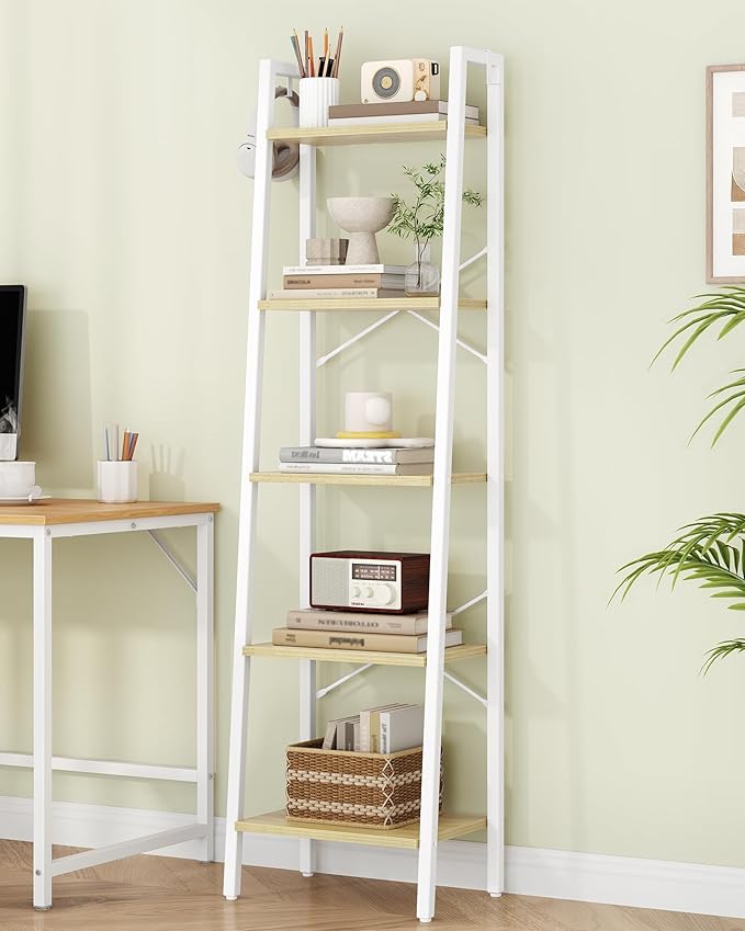 Hzuaneri Ladder Shelf, Bookshelf Bookcase, Freestanding Corner Storage Shelve with 2 Hooks for Home Office, Living Room, Kitchen, Bedroom, Industrial, 11.8" D x 17.3" W x 63" H, White Oak and White