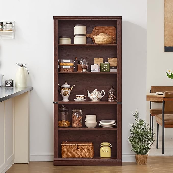 RWYHG 70" Walnut Tall Bookshelf Set of 2,5-Tier Thick Wooden Book Shelf with Adjustable Shelves,Free Standing Farmhouse Bookcase with Open Display Storage,Floor Vintage Bookshelves for Living Room