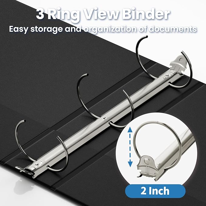 SUNEE 3 Ring Binder 2 Inch 1 Pack, Clear View Binder Three Ring PVC-Free (Fit 8.5x11 Inches) for School or Office Supplies, Black