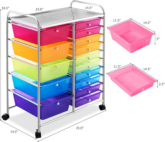 GOFLAME 15-Drawer Rolling Storage Cart, Craft Storage Cart with Removable Drawers & Lockable Wheels, Art Cart Supply Storage Organizer for Home Office Classroom, Rainbow