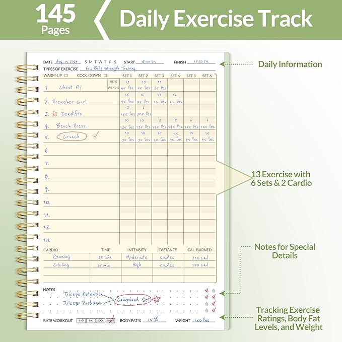 Fitness Journal Workout Planner for Women & Men, A5 (6.4" x 8.3") Workout Journal Log Book Planner Gift for Track Gym Essentials, Home Workouts, Track Progress, Achieve Wellness Goals, Green