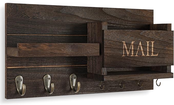 Lwenki Mail Organizer for Wall Mount – Key Holder with Shelf Includes Letter Holder and Hooks for Hallway Farmhouse Decor – Rustic Wood with Flush Mounting Hardware (16.5” x 9.1” x 3.4”) (Brown)