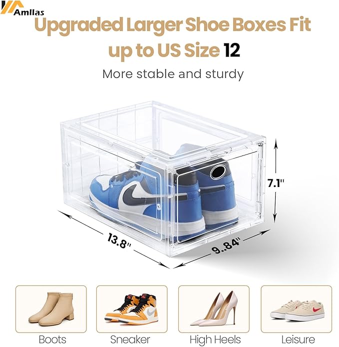 Amllas 12 Pack Clear Shoe Boxes Stackable,Shoe Storage Boxes for Closet,Sturdy Shoe Box Storage Containers with Clear Door,Sneaker Storage,Easy to Assemble,Fit up to US Size 12(13.8”x 9.84”x 7.1”)