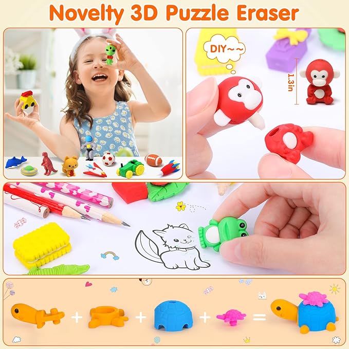 Palmatte 140PCS Mini Animal Erasers Bulk Kids Prizes Treasure Box Toys Classroom Rewards Teacher Must Haves Desk Pets Back to School Supplies Random Eraser Party Favors Kids Toys Gifts Pinata Stuffers