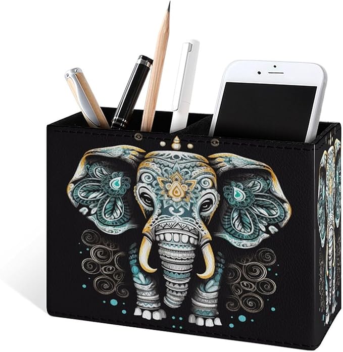 Famame Vintage Lotus Ethnic Elephant Pencil Holder for Desk, Leather Desktop Container Pen Cup Storage Study Table Pen Organizer Makeup Brush Holder for Classroom Office Home