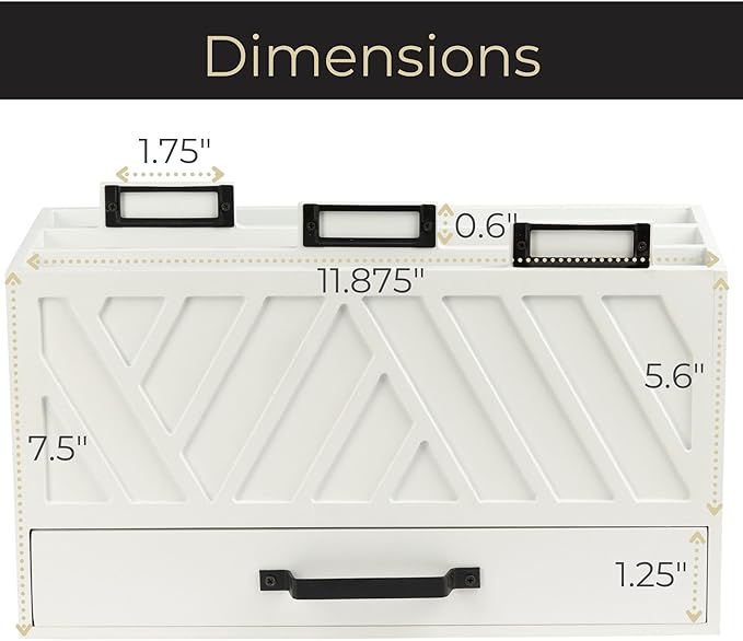 BLU MONACO White Desktop Mail Organizer with Drawer | Three-Tier Wooden Mail Holder with Gold Label Holders | Countertop Document and Bill Organizer for Home or Office