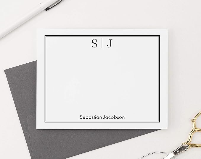 Classic Personalized Two Letter Stationary Monogram Stationary Set for Men and Women, FLAT OR FOLDED NOTE CARDS, Personalized Monogram Stationery Set with Envelopes, Your Choice of Colors and Quantity