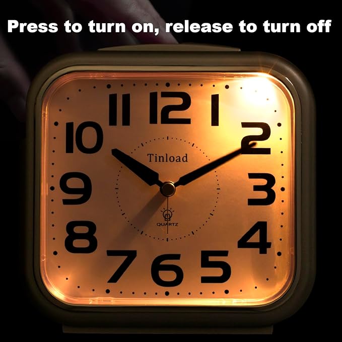 Tinload 5.5" Large Analog Alarm Clock Silent Non Ticking, Gentle Wake, Beep Sounds, Increasing Volume, Battery Operated Snooze and Manual Light, Easy Set, Silver