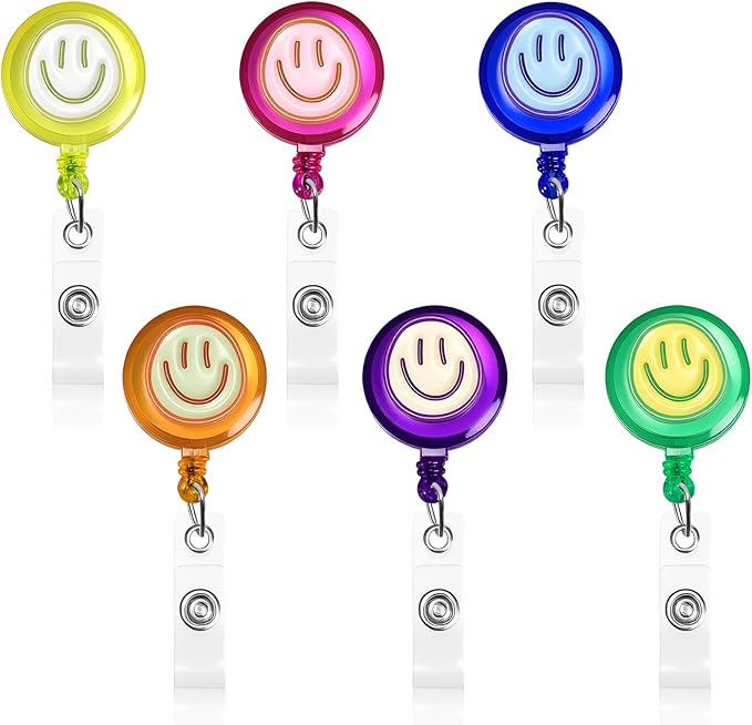 6Pcs Cute Badge Reel Set – Happy Face Retractable Badge Holder with Clip, ID Badge Reel for Nurses, Teachers, Hospital, Office & School (Pastel)