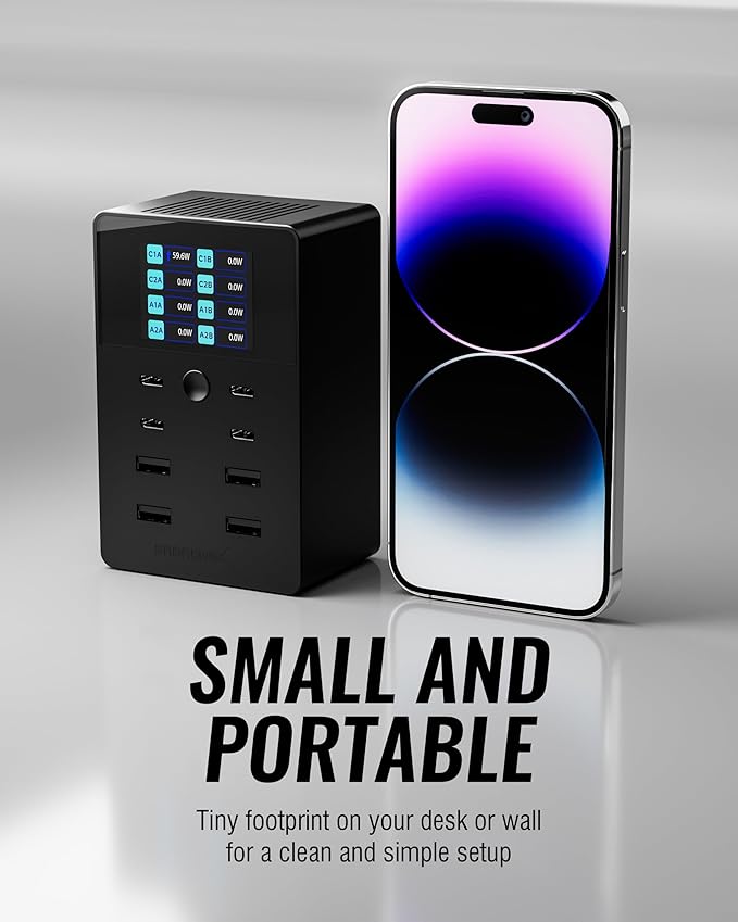 SABRENT Charger, 252W 8-Port Desktop Charging Station w/Real-Time LCD Display, UL Certified | USB C/A, Compatible with MacBook, iPhone, Samsung Galaxy, and Tablets