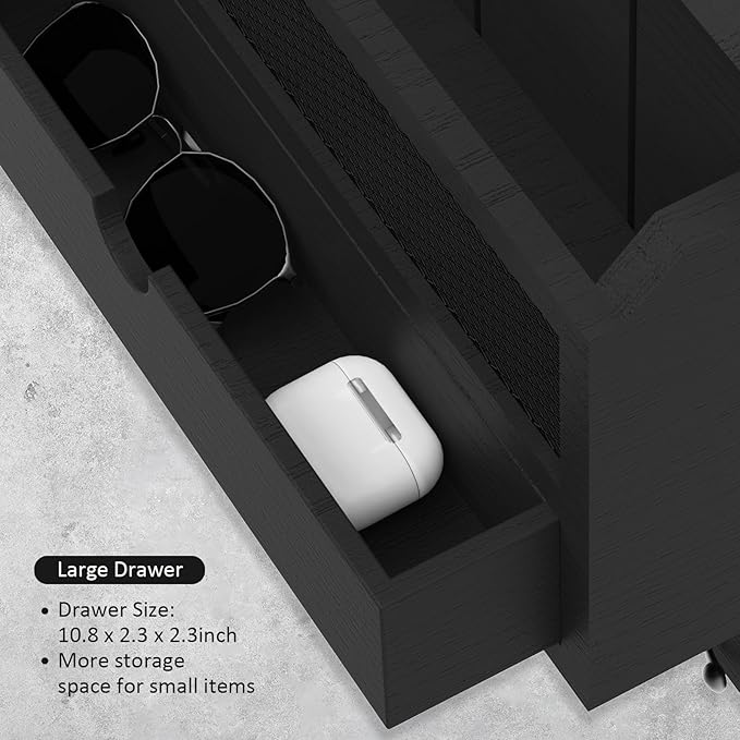 Nekon Mail Organizer with Drawer for Wall, 12"W x 10"H x 3.1"D Mail Sorter Wall Mounted, Wooden Key Holder Wall File Organizer Letter Sorter for Letter Magazines (Black)
